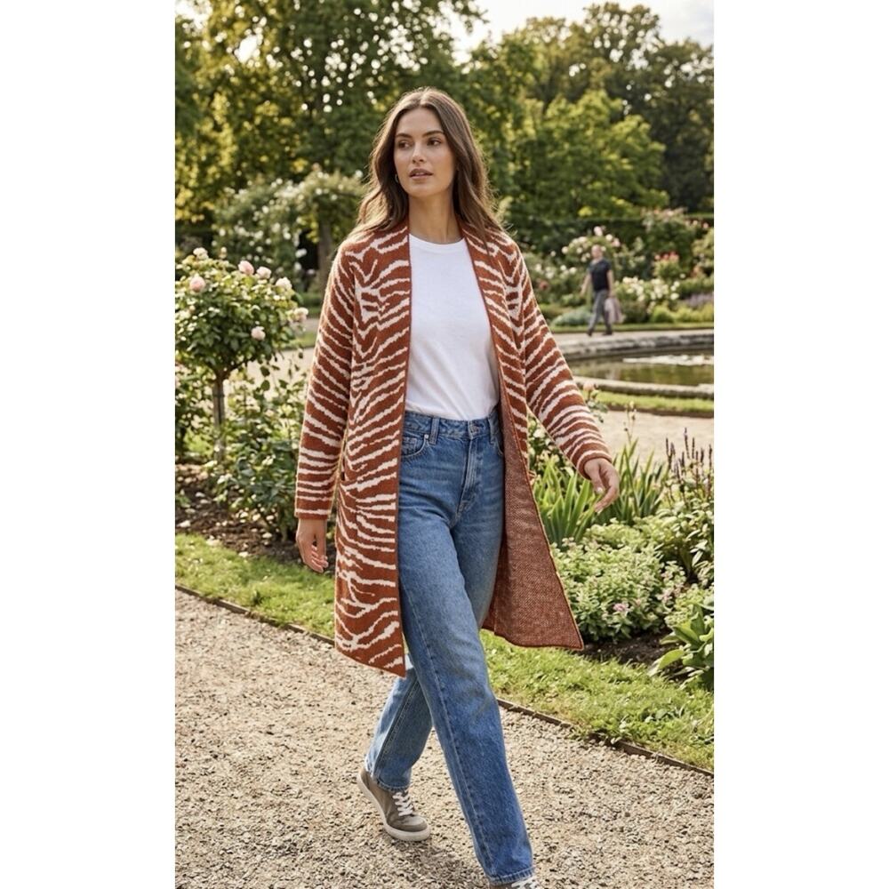 Zebra Print Fall Sweater Open Front Mid Length Cardigan Rust/Ivory LS Pocketed M
